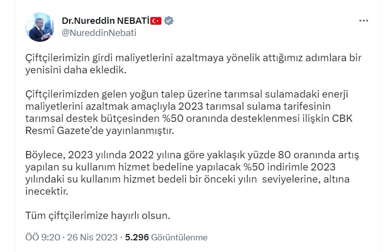 Bakan Nebati: Çiftçilerin Su Kullanım Hizmet Bedeli Önceki Yıl Seviyelerine İnecek