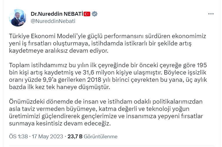 Bakan Nebati: İşsizlik 2018'den Bu Yana İlk Kez Tek Haneye Düştü