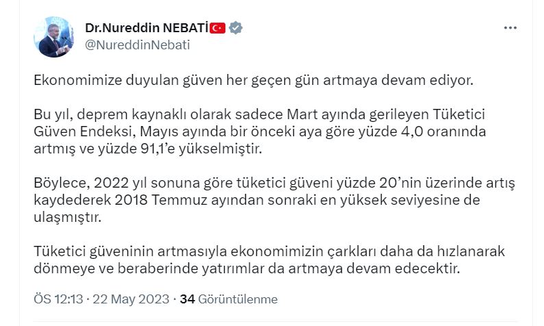 Bakan Nebati: Tüketici Güveni, 2018'den Bu Yana En Yüksek Seviyesine Ulaştı