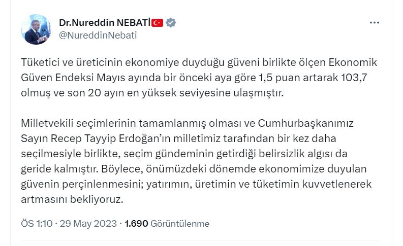 Bakan Nebati: Ekonomik Güven Endeksi Son 20 Ayın En Yüksek Seviyesine Ulaştı