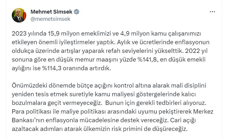 Bakan Şimşek: Merkez Bankası'nın Enflasyonla Mücadelesine Destek Vereceğiz