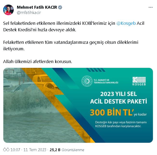 Bakan Kacır: Selden Etkilenen Kobi'lere 'acil Destek Kredisi' Sağlanacak