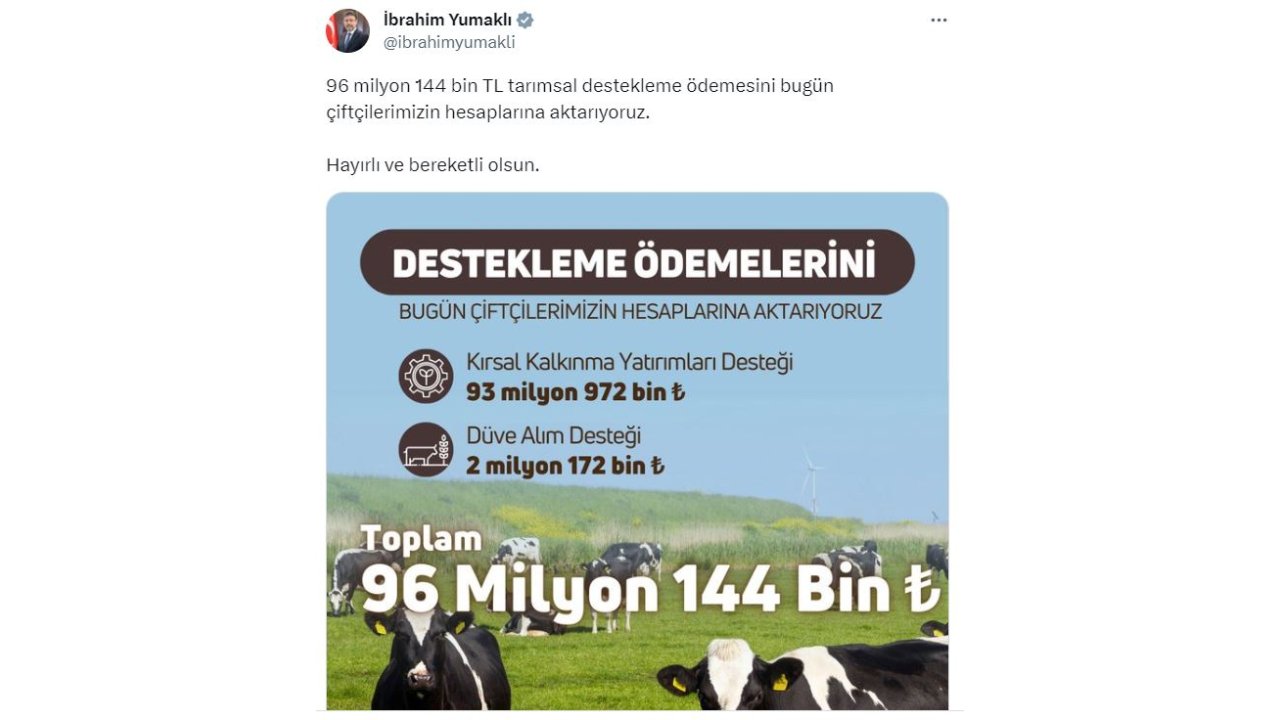 Bakan Yumaklı: 96 Milyon 144 Bin Tl Tarımsal Destekleme Ödemesi Hesaplara Aktarılıyor