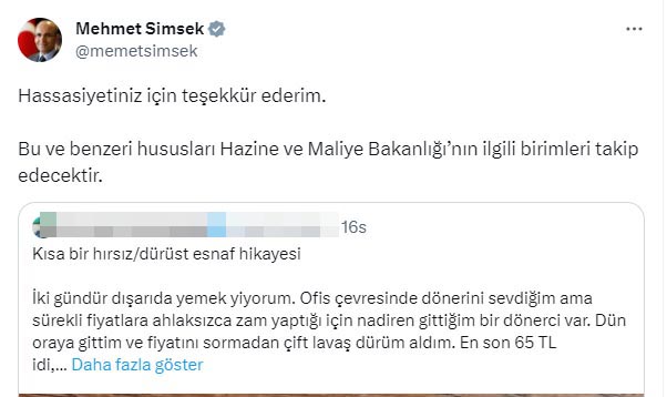 Bakan Şimşek'ten Duyarlı Tüketiciye Teşekkür