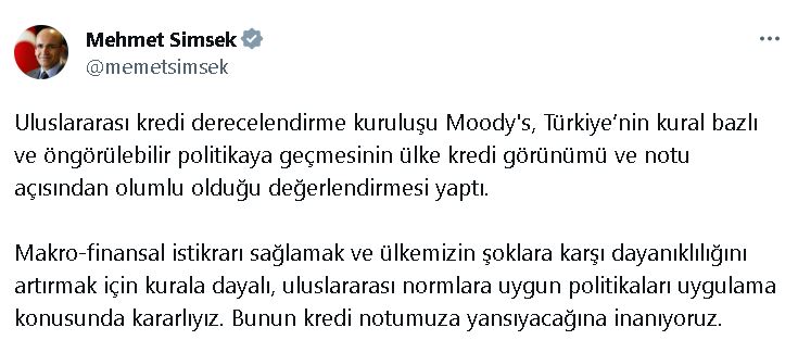 Bakan Şimşek'ten 'moody's' Açıklaması