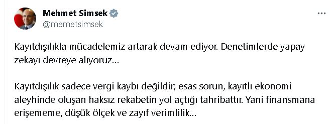 Bakan Şimşek: Kayıt Dışılıkla Mücadelemiz Artarak Devam Ediyor