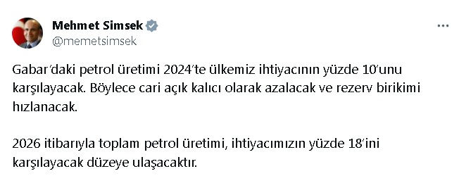 Bakan Şimşek: Gabar'daki Petrol Üretimi 2024'te Ülkemiz İhtiyacının Yüzde 10'unu Karşılayacak